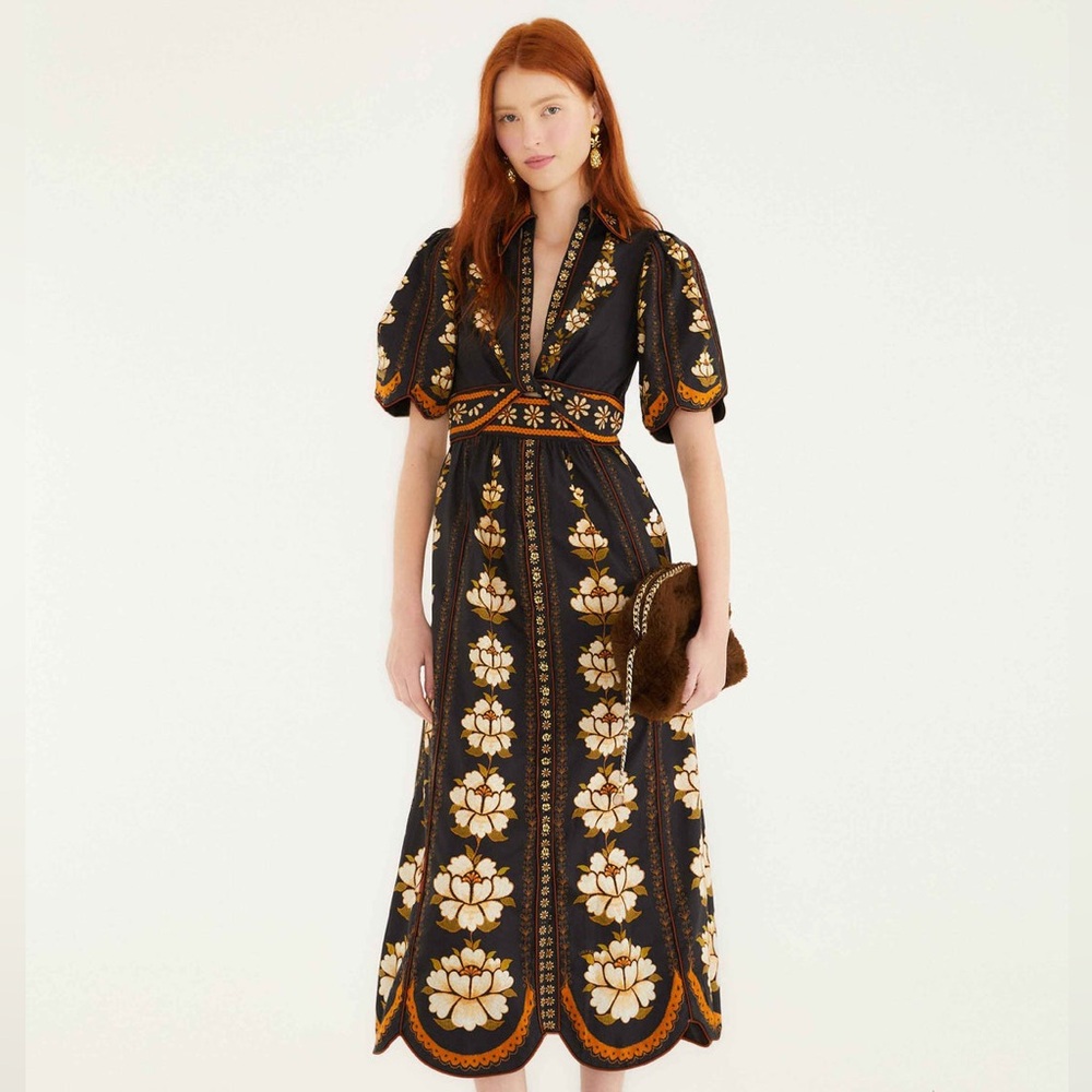 FARM Rio Black & Gold Floral Midi Dress